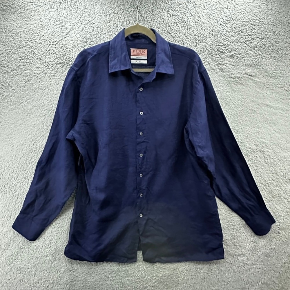 Thomas Pink Mens Large Blue 100% Linen Long Sleeve Button Down Shirt